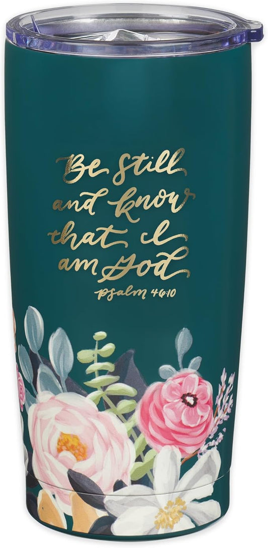 Christian Art Gifts Large Stainless Steel Inspirational Travel Mug Tumbler for Women: Be Still & Know Encouraging Scripture, Vacuum Insulated, Hot/Cold, Retractable Lid, Teal Multicolor Foral, 18 oz.