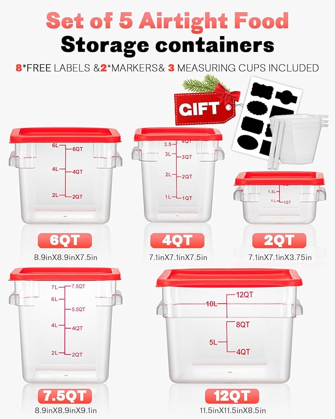 2QT4QT NSF Food Storage Containers: 6PCS [Food Grade][Hot&Cold Resistant] Commercial Clear Food Storage Containers with Lids for Restaurant Kitchen Proof Dough, Measuring Spoons Included(Red)