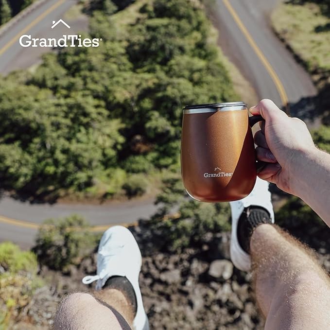 GRANDTIES Insulated Coffee Mug with Handle–Sliding Lid for Splash-Proof 16oz Wine-Glass Shape Thermal Tumbler with Double Walled Vacuum Stainless Steel to Keeps Beverages Hot or Cold-Cognac Metallic