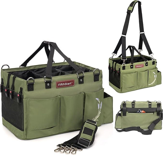 FifthStart Cleaning Caddy Bag for Professionals - Heavy-Duty Organizer with Shoulder Strap, 9 Pockets, Washable Mesh Base & Adjustable Compartments for Cleaning Supplies (Green, Large)