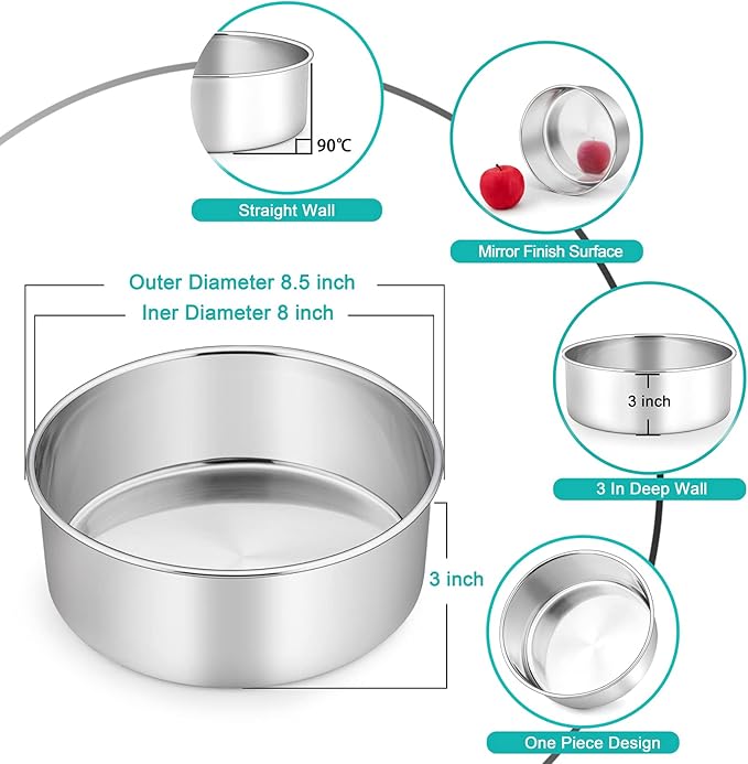 TeamFar Cake Pans, 8 Inch Stainless Steel Round Tier Baking Cake Pan for Birthday Wedding Anniversary Party Cake, Non-Toxic & Sturdy, 3 Inch Deep & Straight Side, Dishwasher Safe-Set of 3