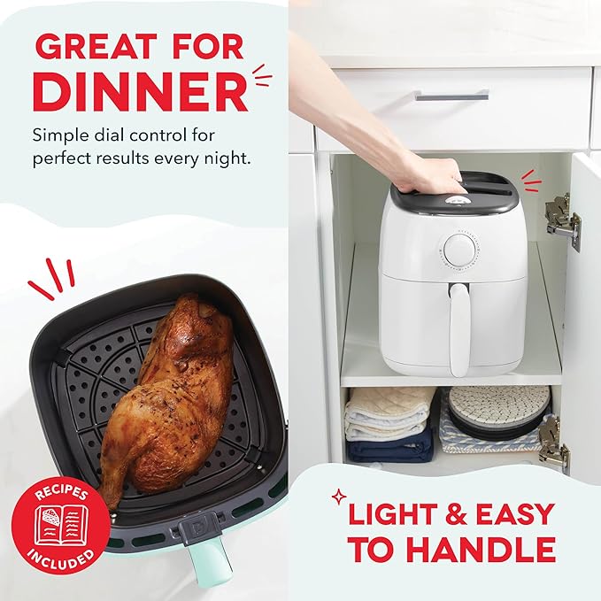 DASH Tasti-Crisp™ Electric Air Fryer Oven, 2.6 Qt., White – Compact Air Fryer for Healthier Food in Minutes, Ideal for Small Spaces - Auto Shut Off, Analog, 1000-Watt