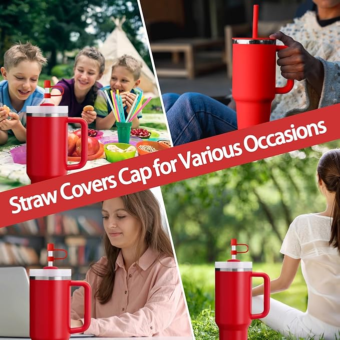 6PCS Silicone Straw Covers Cap Compatible with Stanley Cup 30-40 oz Tumbler with Handle 10mm Straw Toppers Reusable Cover for Stanley Cup Accessories（Red）