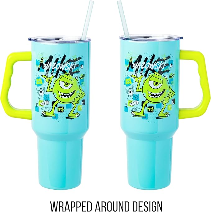 Silver Buffalo Disney Pixar Monsters Inc. Stainless Steel Tumbler with Handle Featuring Mike Wazowski, Fits in Standard Cup Holder, 40 Ounces