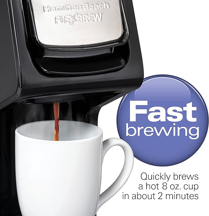 Hamilton Beach 49918 FlexBrew Single-Serve Coffee Maker Compatible with Pod Packs and Grounds, 14 oz, Black, Stainless - Fast Brew