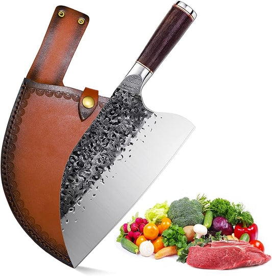 Smith Chu Handmade Forged Serbian Meat Cleaver Knife with Sheath Chef's knvies Full Tang Butcher Knife Outdoor Meat Vegetable Cleaver for Family, BBQ or Camping Gift for Dad