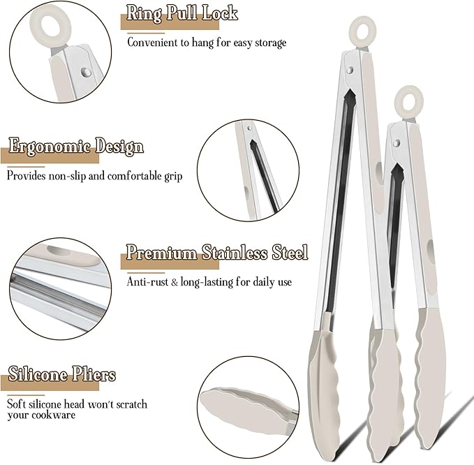 TeamFar Kitchen Tongs, 9" and 12" Stainless Steel Cooking Tongs with Silicone Tips for Cooking Grilling Serving & BBQ, Heat Resistant Silicone Tongs, Locking Design & Dishwasher Safe, Set of 2 & Khaki