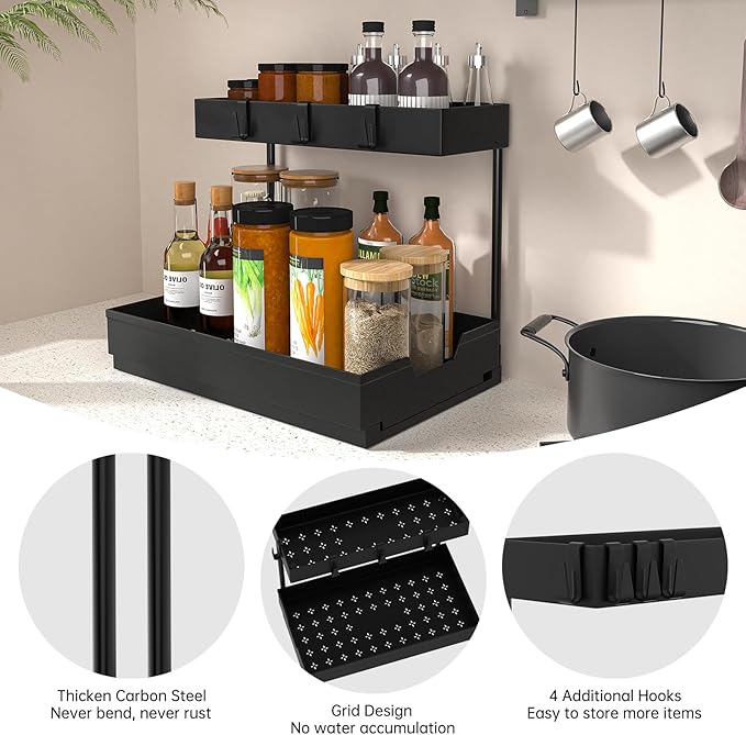 NATURE'S SOURCE Under Sink Organizers, Sliding L-shape Cabinet Organizers Narrow Space Storage Multi-purpose Sink Organizer Baskets with 4 Hook for Bathroom Kitchen Drawer (Black, 1 pack)