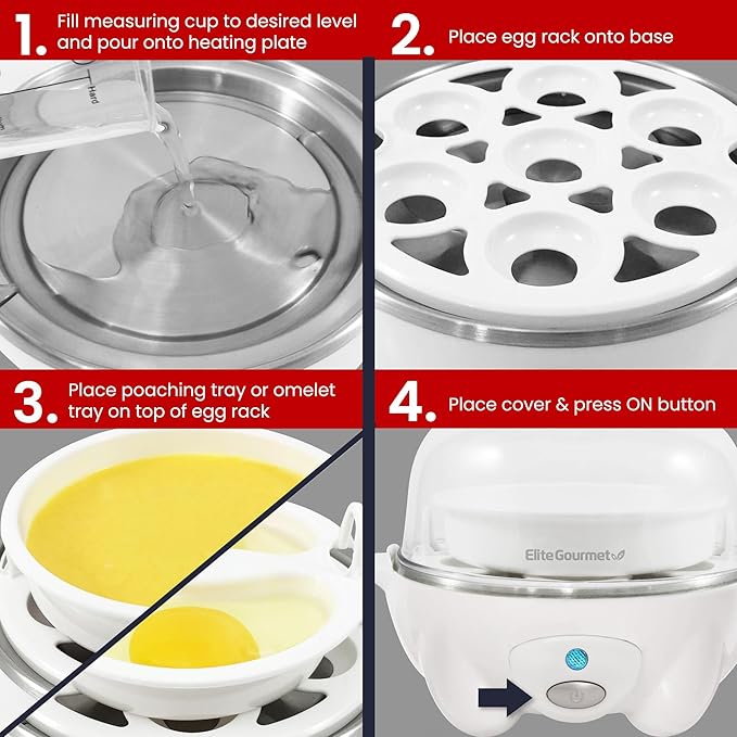 Elite Gourmet EGC-007 Rapid Egg Cooker, 7 Easy-To-Peel, Hard, Medium, Soft Boiled Eggs, Poacher, Omelet Maker, Auto Shut-Off, Alarm, 16-Recipe Booklet, White