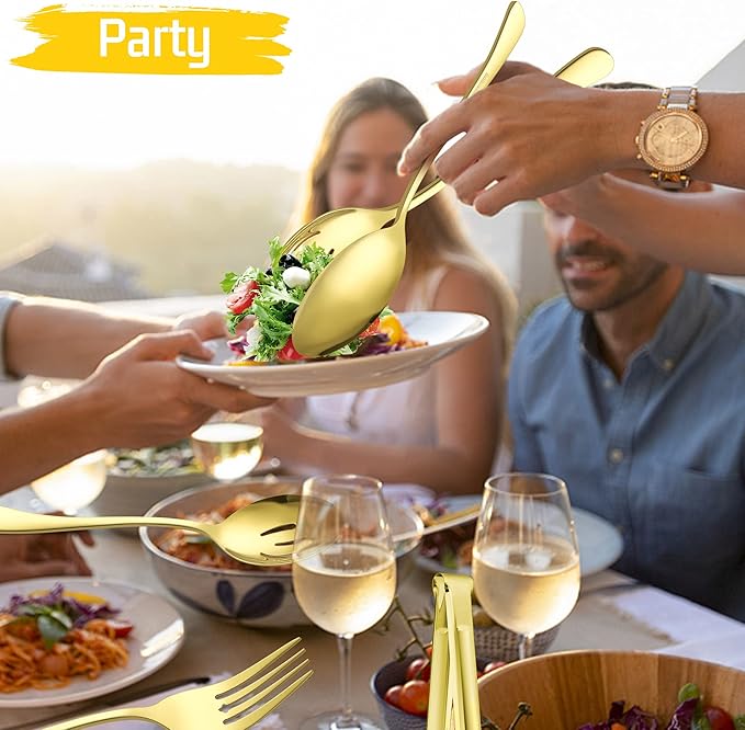 Large Gold Serving Utensils Set of 12, E-far Stainless Steel 9.8 Inch Serving Spoons Slotted Spoon, 9.9 Inch Forks, 9.4 Inch Tong for Buffet Catering, Mirror Finish & Dishwasher Safe