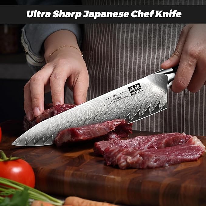 SHAN ZU Damascus Chef Knife 8 inch, 67-Layer High Carbon Steel Kitchen Knife Ultra Sharp Japanese Chef Knives, Professional Kitchen Utility Knives with G10 Ergonomic Handle/Gift Box