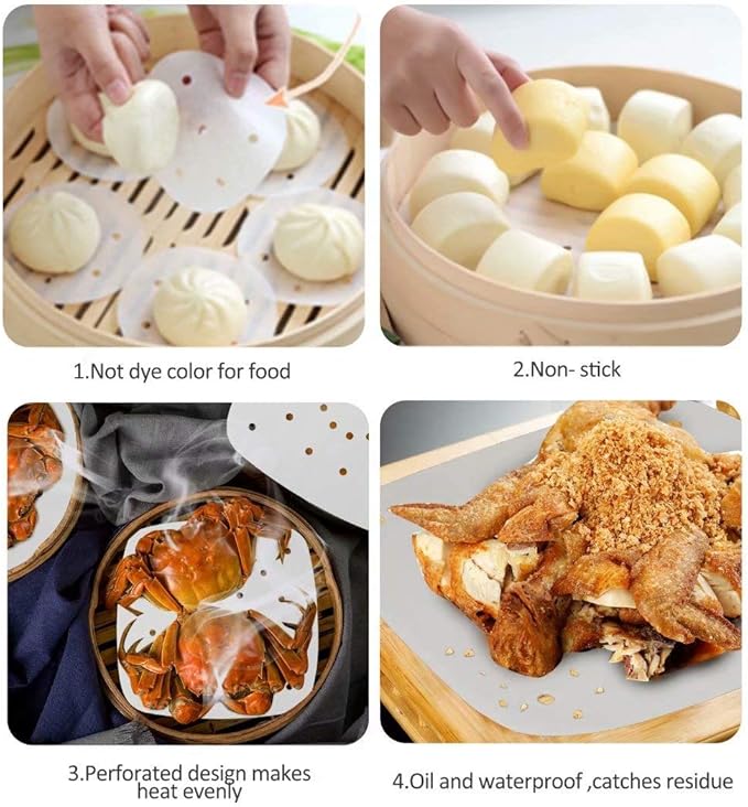 200pcs 8.5inch Square Perforated Parchment Paper Sheets, Premium Nonstick Bamboo Steamer Liner for Air Fryers, Steaming Basket, Oven, Baking, Cooking