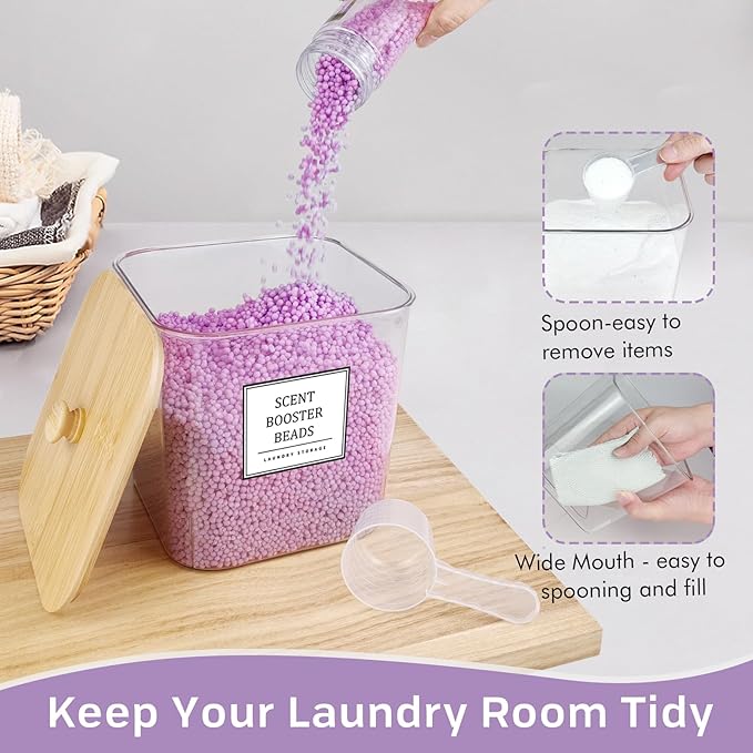 4 Pack Clear Laundry Pod Container, Laundry Room Organization Containers with Wooden Lids & Labels - Large Detergent Powder Storage for Room Organization, Scent Booster Holder