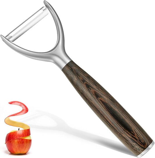 JUSEEPO Premium Vegetable Peeler, Y Type Swivel 304 Stainless Steel Blade Comfortable Solid Wood Handle, Practical gift for the home kitchen mom grandma for Veggie, Fruit, Potato(Black Walnut)