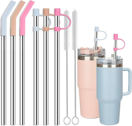 Stainless Steel Straws with covers fit Stanley 40 oz tumbler, Reusable 12 Inch Metal Straw with Silicone Tips & Cover Caps, Compatible with Stanley Quencher H2.0 (6 Pack: 3 Bent + 3 Straight)