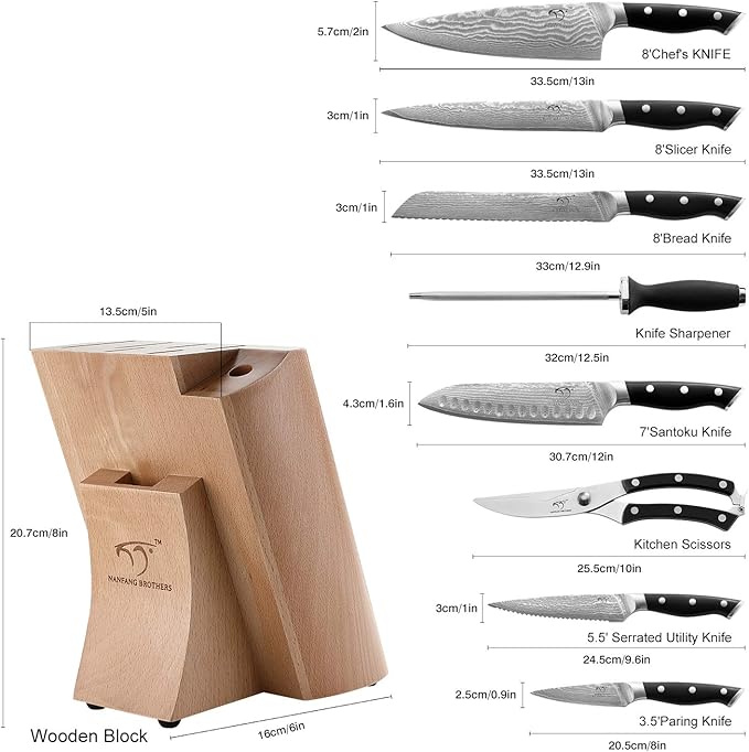 NANFANG BROTHERS Knife Sets, 9 Pieces Damascus Kitchen Knife Set with Block, ABS Ergonomic Handle for Chef Knife Set, Knife Sharpener and Kitchen Shears, Knife Block Set