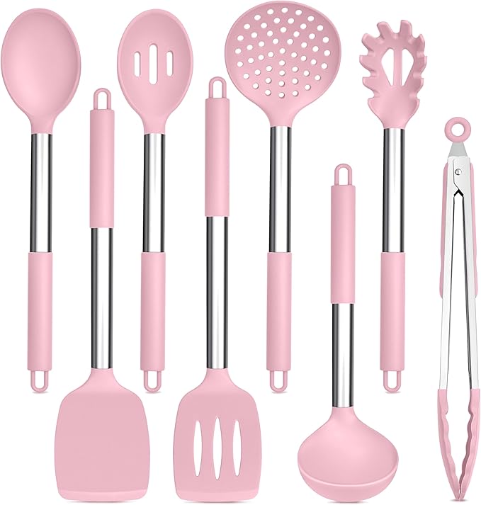 TeamFar Kitchen Utensils Set of 8, Silicone Utensils Kitchen Tools Set with Stainless Steel Handle, for Frying Serving Flipping Draining, Non-toxic & Heatproof, Nonstick & Dishwasher Safe - Pink