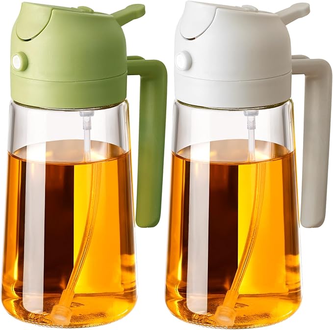 2PCS Oil Sprayer for Cooking, 470ml 2 In 1 Glass Olive Oil Sprayr & pourer for Kitchen, Air Fryer, Cooking, Salad, BBQ (Green,White)
