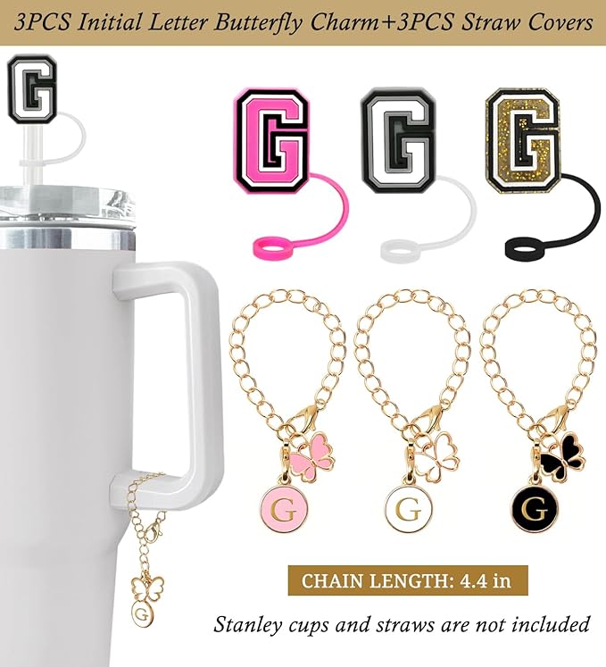 （3 +3) Nuozme Straw Cover Compatible with Stanley Tumbler Cup 3PCS Letter Straw Caps Toppers with 3 Initial Butterfly Charms Name ID For Stanley 30&40 Oz Cup