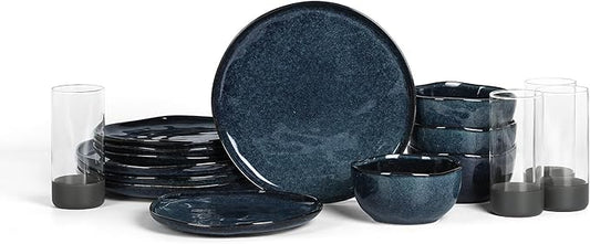 Stone Lain Mirella 16-Piece Dinnerware Set Stoneware, Borosilicate Glass, Blue