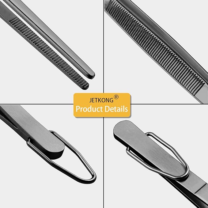 JETKONG 7 Inch Tweezers Tongs Mini Kitchen Food Tweezers Small Cooking Thin Tongs, Set of 3 (7 7 7 Inch, Black)