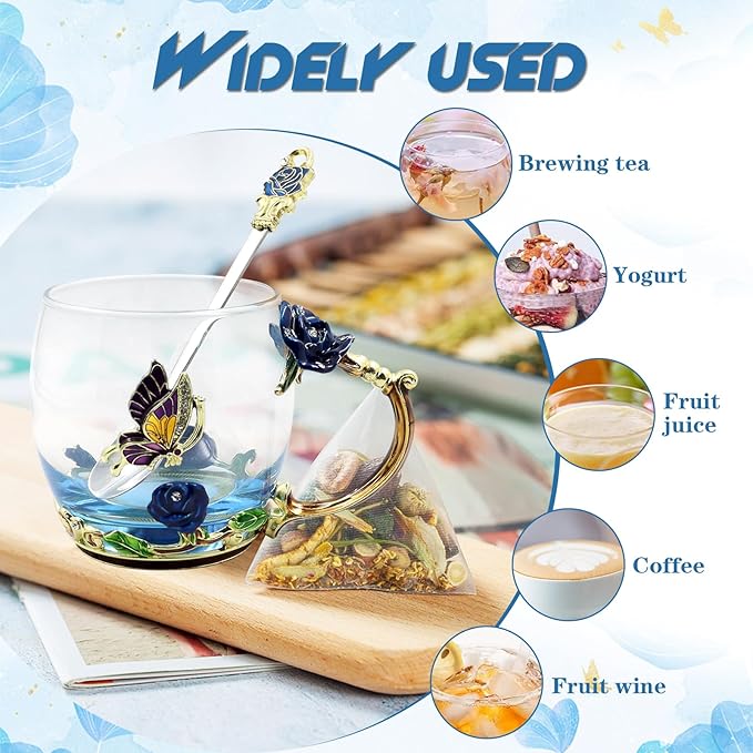 Enamels Butterfly Flower Tea Cup,Glass Coffee Mug,Valentines Mothers Day Graduation Birthday Present Christmas Gifts for Women Mom Her Teacher