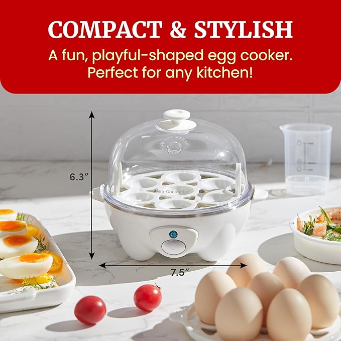 Elite Gourmet EGC-007 Rapid Egg Cooker, 7 Easy-To-Peel, Hard, Medium, Soft Boiled Eggs, Poacher, Omelet Maker, Auto Shut-Off, Alarm, 16-Recipe Booklet, White