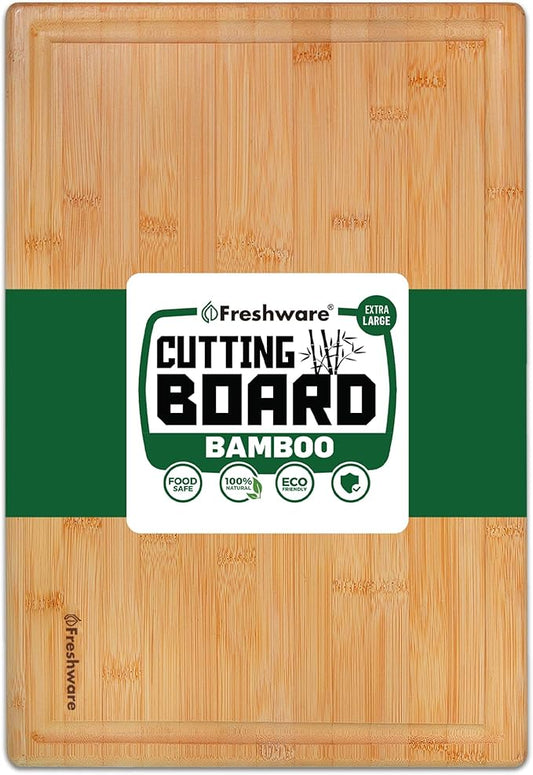 Bamboo Cutting Boards for Kitchen with Juice Groove [Extra-Large] Wood Cutting Board for Chopping Meat, Vegetables, Fruits, Cheese, Knife Friendly Serving Tray with Handles, 18 x 12.5 Inch
