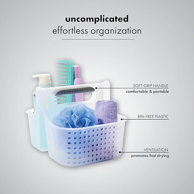 Madesmart 2-Compartment Soft Grip Shower Tote for Bathroom Organization, Plastic Storage Shower Caddy Bucket, Small, Frost
