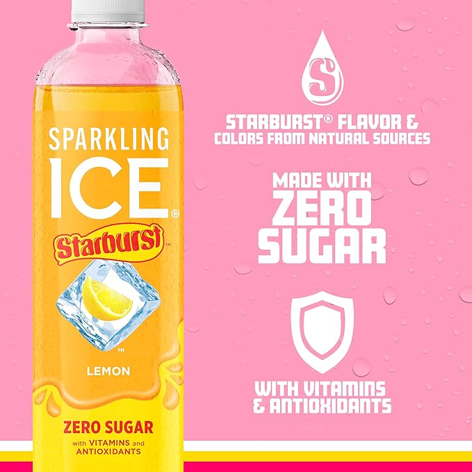 Sparkling Ice STARBURST Lemon, Zero Sugar Flavored Sparkling Water, with Vitamins and Antioxidants, Low Calorie Beverage, 17 fl oz Bottles (Pack of 12)