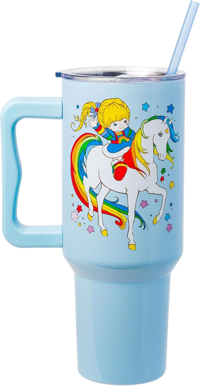 Silver Buffalo Rainbow Brite Featuring Starlite Stars Stainless Steel Tumbler with Handle and Straw, Fits in Standard Cup Holder, 40 Ounces