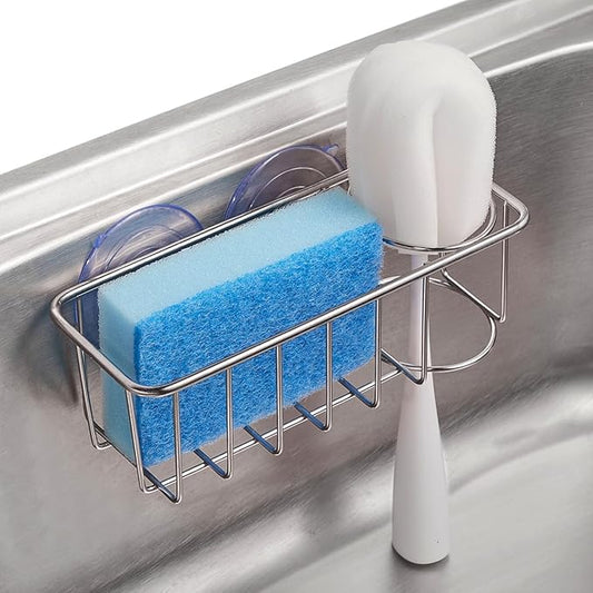 Sink Caddy Sponge Holder for Kitchen Sink 2 Suspension Options(Suction Cups and Adhesive Hook), SUS304 Stainless Steel, Silver