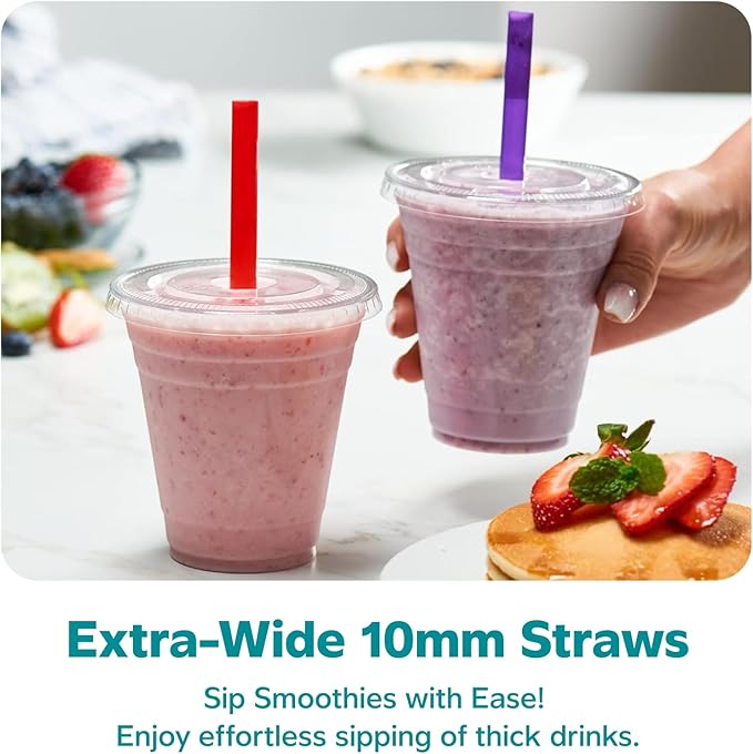 GUSTO [12 oz. - 100 Count Clear Cups with Flat Lids & Straws - Disposable Clear Drinking Cups for Iced Coffee, Cold Drinks, Milkshakes, and Smoothies - Formerly Comfy Package