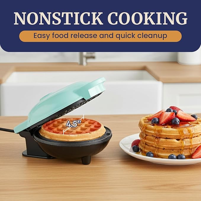 Elite Gourmet EWM015M Electric Nonstick 4.5-inch Mini Waffle Maker, Belgian Waffles, Compact Design, Hash Browns, Keto, Snacks, Sandwich, Eggs, Easy to Clean, Mint