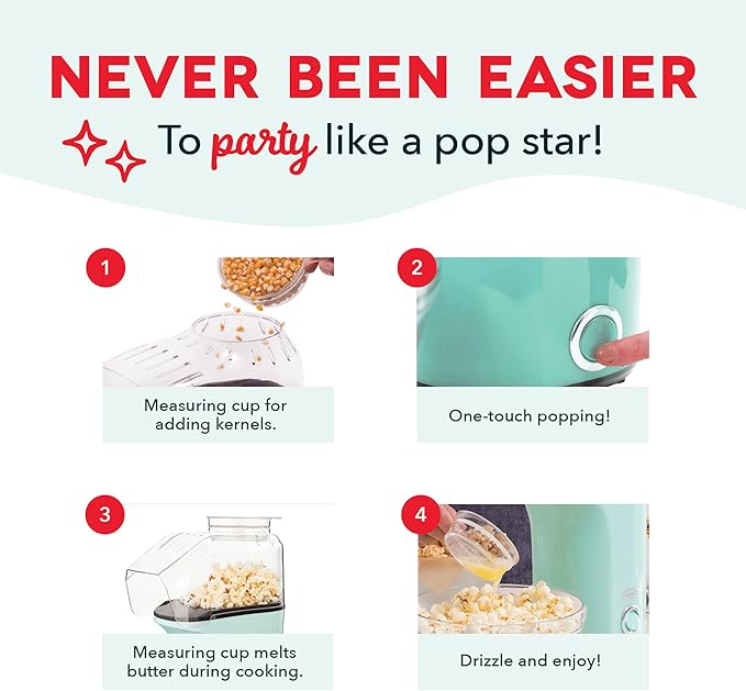 DASH Hot Air Popcorn Popper Maker with Measuring Cup to Portion Popping Corn Kernels + Melt Butter, 16 Cups - Aqua