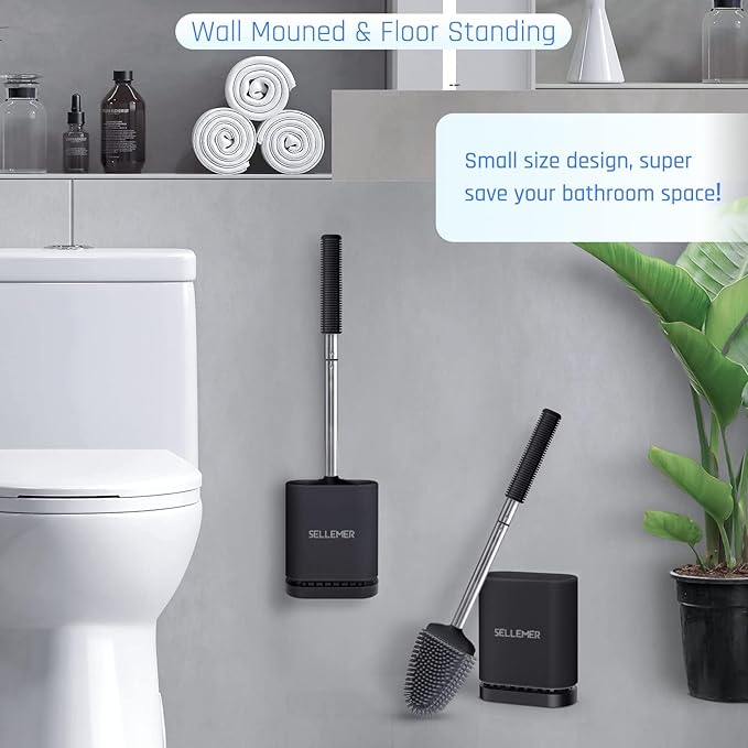 Sellemer Toilet Brush and Holder Set - Flexible Toilet Bowl Brush Head with Silicone Bristles, Compact Size for Storage and Organization, Ventilation Slots Base (2 Pack, Black)