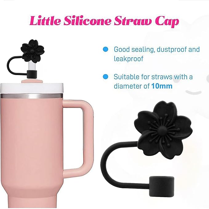 Flower Silicone Straw Cover Cap for Stanley Cup,Straw Topper 10mm 0.4in Dust-Proof Reusable Straw Tips Lids,Straw Tip Covers Gift for Party Decor (Black Cherry blossom 4pcs)