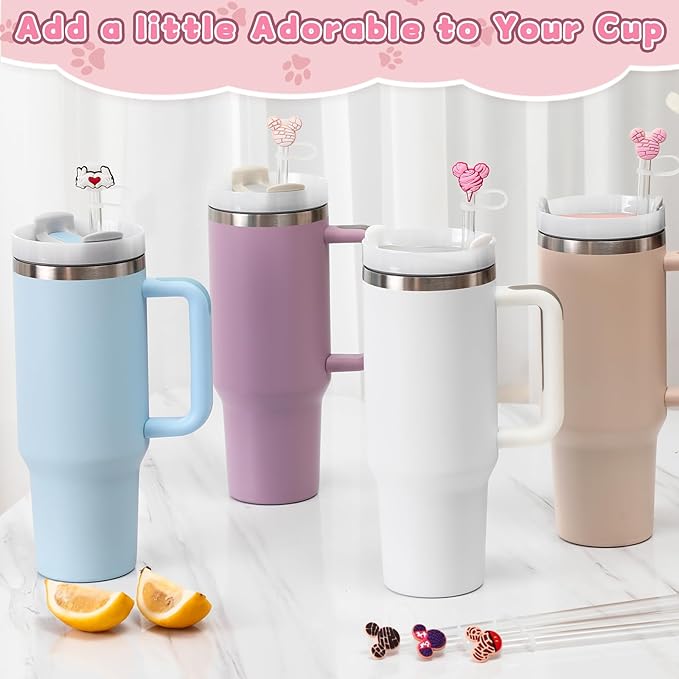 9PCS Straw Covers for Stanley Cup Tumbler 30 oz / 40 oz Leak Proof Straw Toppers 10mm Silicone Cute Caps for Stanley Cup Accessories-Pink Mice-9pcs