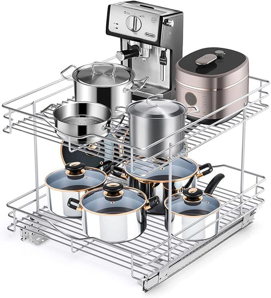 FULGENTE Chrome Finish Pull Out Drawer Cabinet Organizer 2 Tier (17" W * 21" D*15.12''H) Professional Sliding Pantry Shelves Under Kitchen Bathroom Sink Wire Drawer Storage Roll Out Shelf Basket