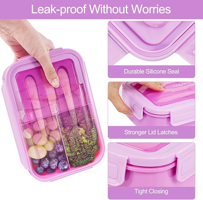 Caperci Classic Bento Box Adult Lunch Box for Older Kids - Leakpoof 47 oz 3-Compartment Lunch Containers for Adults and Teens, Built-in Utensil Set, Ideal for On-the-Go Balanced Eating, Vivid Orchid