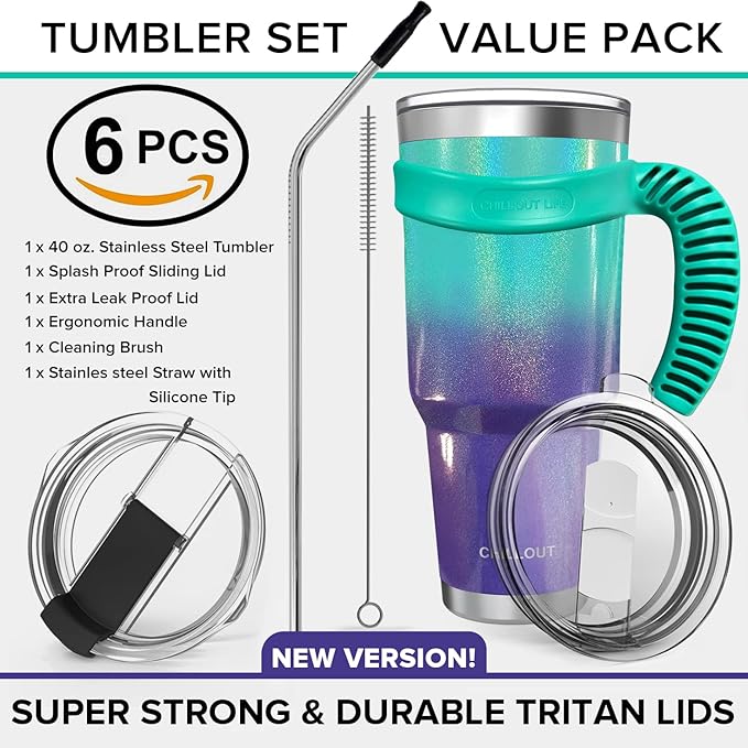 CHILLOUT LIFE Stainless Steel Travel Mug with Handle 40 oz – 6 Piece Set. Tumbler with Handle, Straw, Cleaning Brush & 2 Lids. Double Wall Insulated Large Coffee Mug Bundle - Mermaid Sparkle