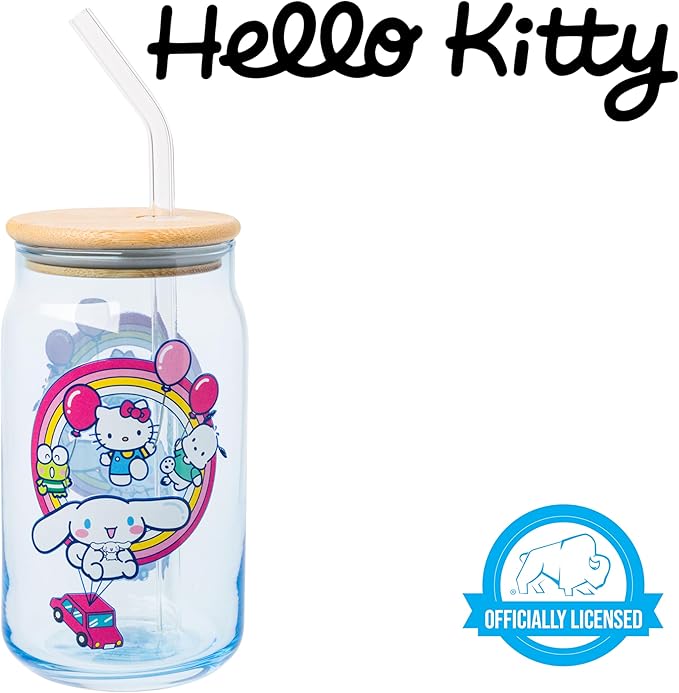 Silver Buffalo Sanrio Hello Kitty & Friends Floating Car Balloons Featuring Cinnamoroll, Pochacco, and Keroppi Glass Jar Tumbler with Bamboo Lid and Glass Straw, 16 Ounces (Pack of 12)