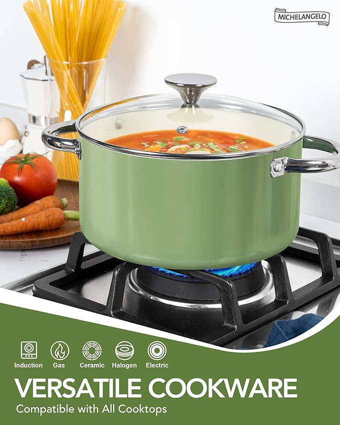 MICHELANGELO Pots and Pans Set - Nonstick Ceramic Cookware Set, 8-Piece Healthy Cooking Set, Non-Toxic, Oven Safe & Compatible with All Stovetops - Green