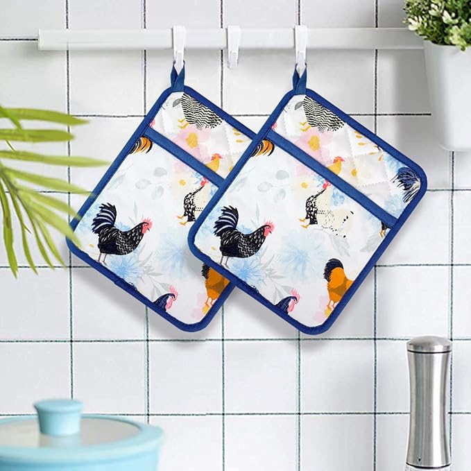 Pot Holders Set of 2 Heat Resistant 480℉ Kitchen 100% Cotton Comfortable Lining Printing Fox Flower Women Men Home Cooking Baking Microwave BBQ Gift (Rooster potholder)