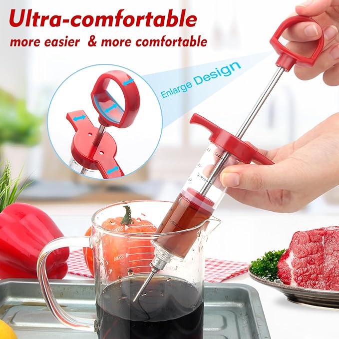 Meat Injector, 1-oz Plastic BBQ Marinade Injector Kit, Turkey Injector Syringe (3 Stainless Steel Meat Needles +3 Replacement O Rings + 1 Cleaning Brush) for Turkey Smoked BBQ Grill