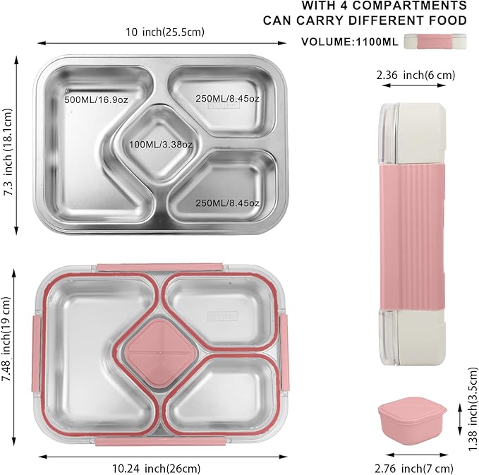 QIBONGS-Stainless Steel Tray Bento Lunch Box with Sauce Cup Drop-Proof, Leak-Proof 4 Compartments Container for Work, Travel, Dishwasher Safe, Made with Food-Safe Materials (Pink)