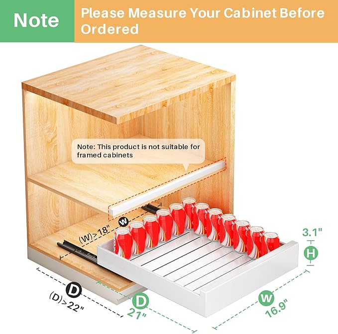 Pull out Cabinet Organizer, 21"Deep, 16.9"Wide Full-Extension Heavy Duty Slide out Drawers with Nano Adhesive, Roll Out Shelf Sliding Cabinet Storage for Kitchen, Bathroom, Pantry, Under Sink(White)