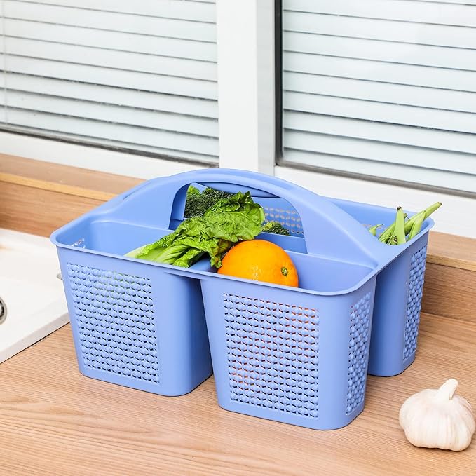 UUJOLY Plastic Portable Shower Caddy Basket Bucket, Cleaning Shower Basket with Handle Compartments Storage Basket Organizer for Bathroom Kitchen College Dorm Sink, Dark Blue
