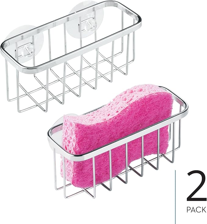 iDesign Stainless Steel Suction Cup Sponge Holder for Kitchen Sink - Set of 2 - Polished
