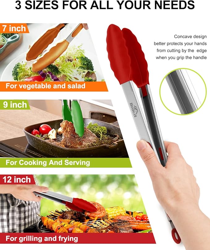 600ºF Heat Resistant Kitchen Tongs, Premium Locking Cooking Tongs with Silicone Tips, Non-Slip Food Tongs for Cooking, Non-Stick, Heavy Duty Stainless Steel Handle, Set of 3-7" 9" and 12" Multicolor